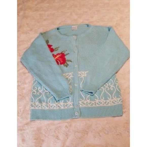 Vintage Trimingham's Bermuda Sweater Cardigan Small Blue Embroidered Floral - Picture 13 of 16